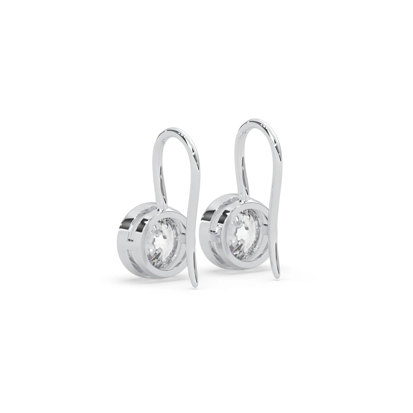 white gold Round bezel set lab grown diamond drop earrings with 6.50 mm IGI certified round diamonds and elegant French wire hook closure.