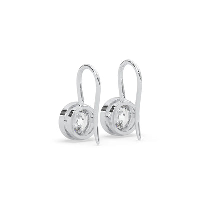 white gold Round bezel set lab grown diamond drop earrings with 6.50 mm IGI certified round diamonds and elegant French wire hook closure.