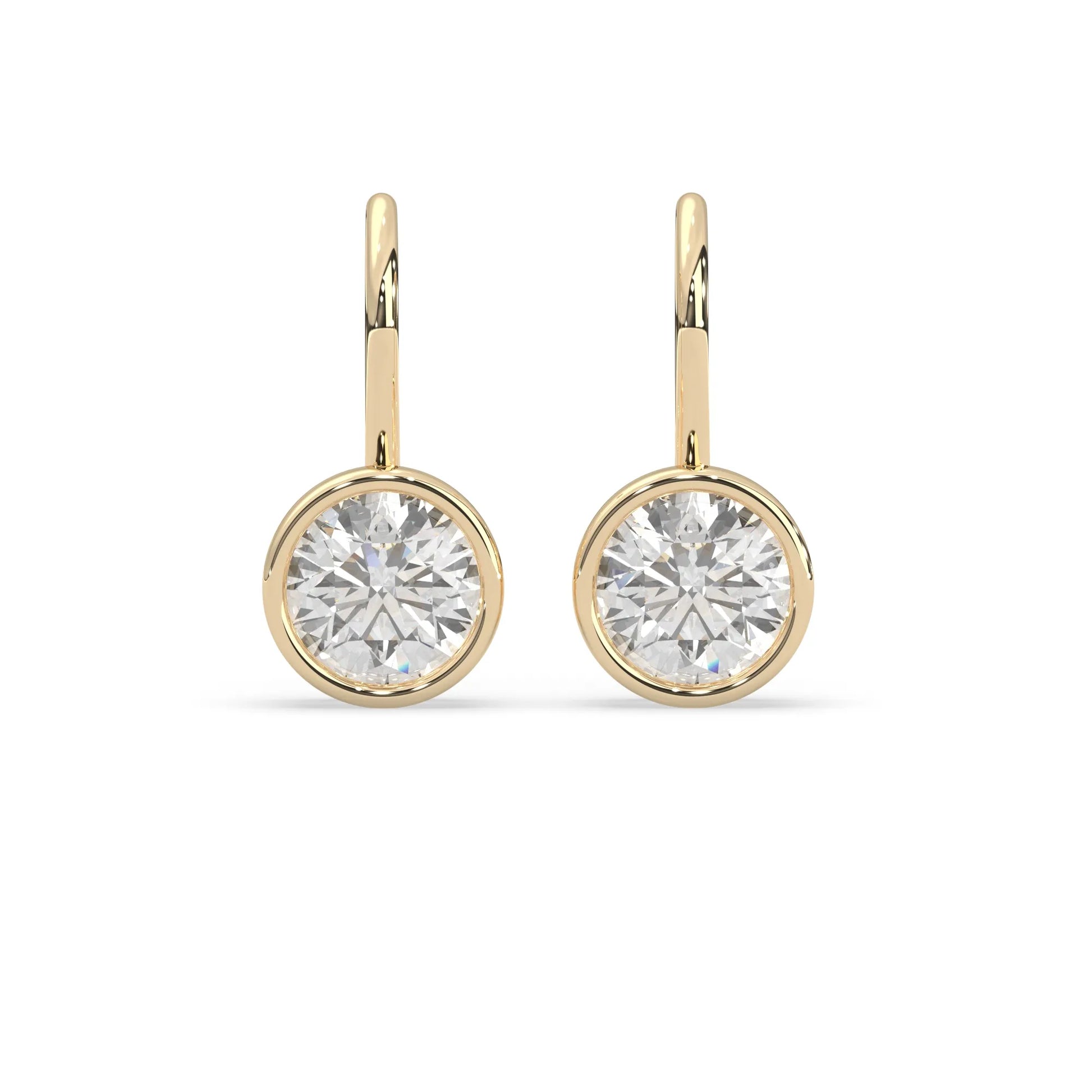 yellow gold Round bezel set lab grown diamond drop earrings with 6.50 mm IGI certified round diamonds and elegant French wire hook closure.