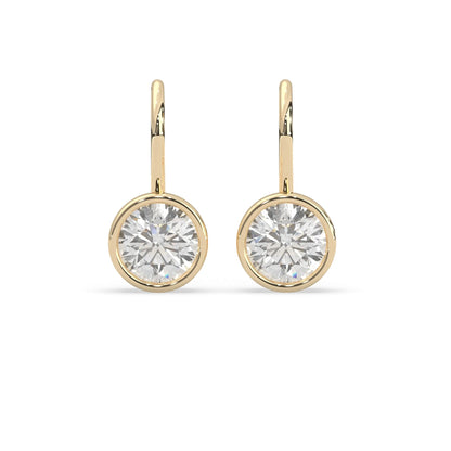 yellow gold Round bezel set lab grown diamond drop earrings with 6.50 mm IGI certified round diamonds and elegant French wire hook closure.