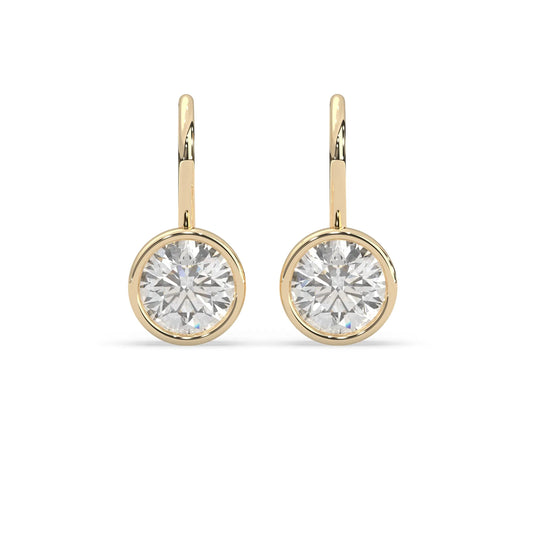 yellow gold Round bezel set lab grown diamond drop earrings with 6.50 mm IGI certified round diamonds and elegant French wire hook closure.