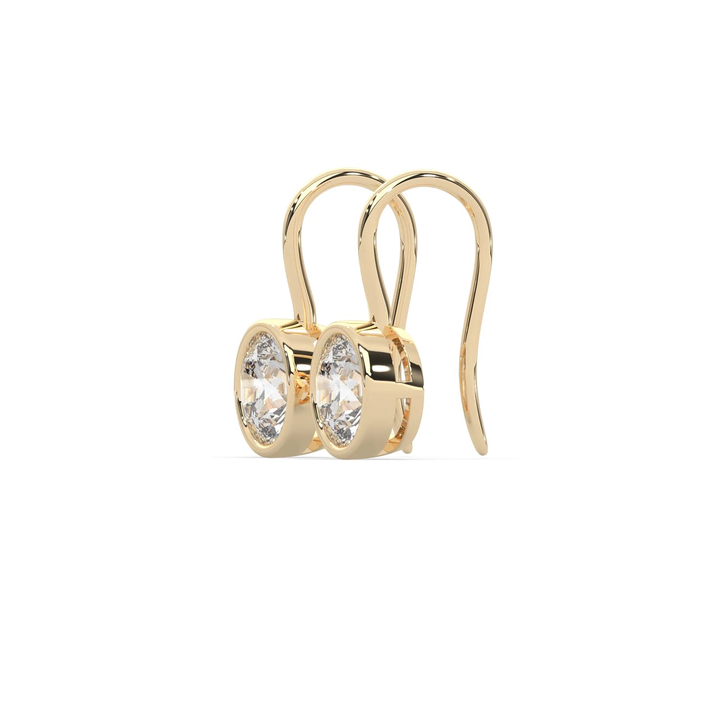 yellow gold Round bezel set lab grown diamond drop earrings with 6.50 mm IGI certified round diamonds and elegant French wire hook closure.