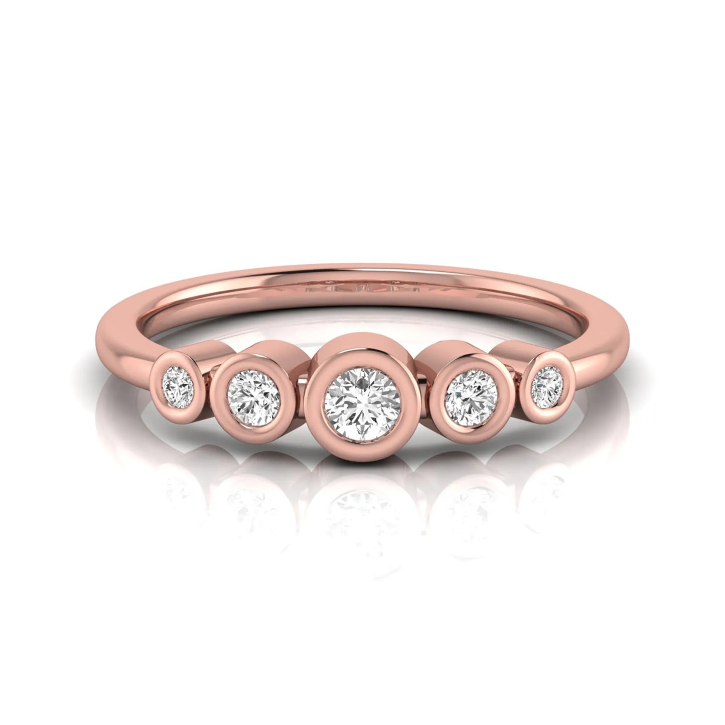 Round bezel set lab grown diamond five stone ring featuring round cut diamonds in a modern graduated design with rose gold finish.