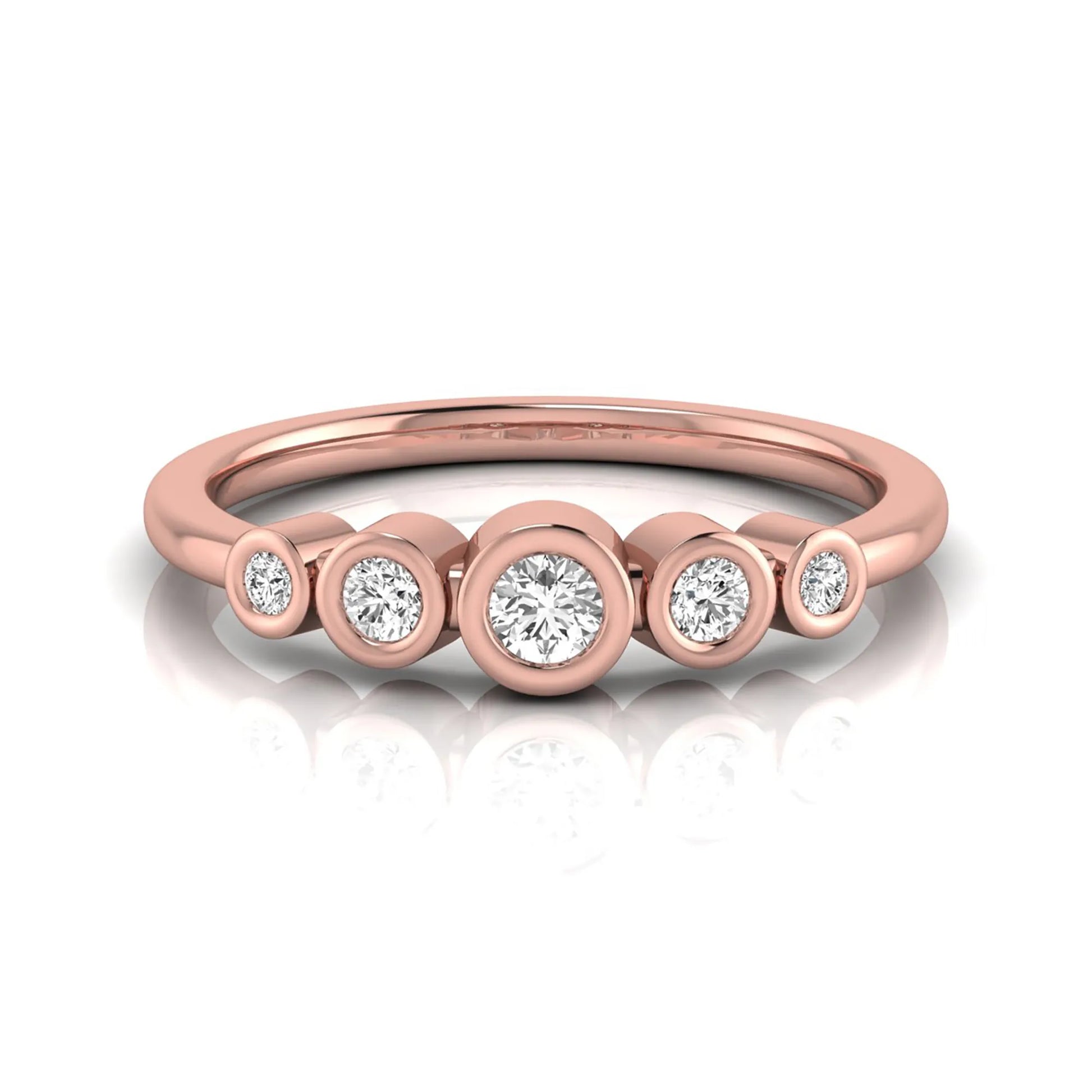 Round bezel set lab grown diamond five stone ring featuring round cut diamonds in a modern graduated design with rose gold finish.