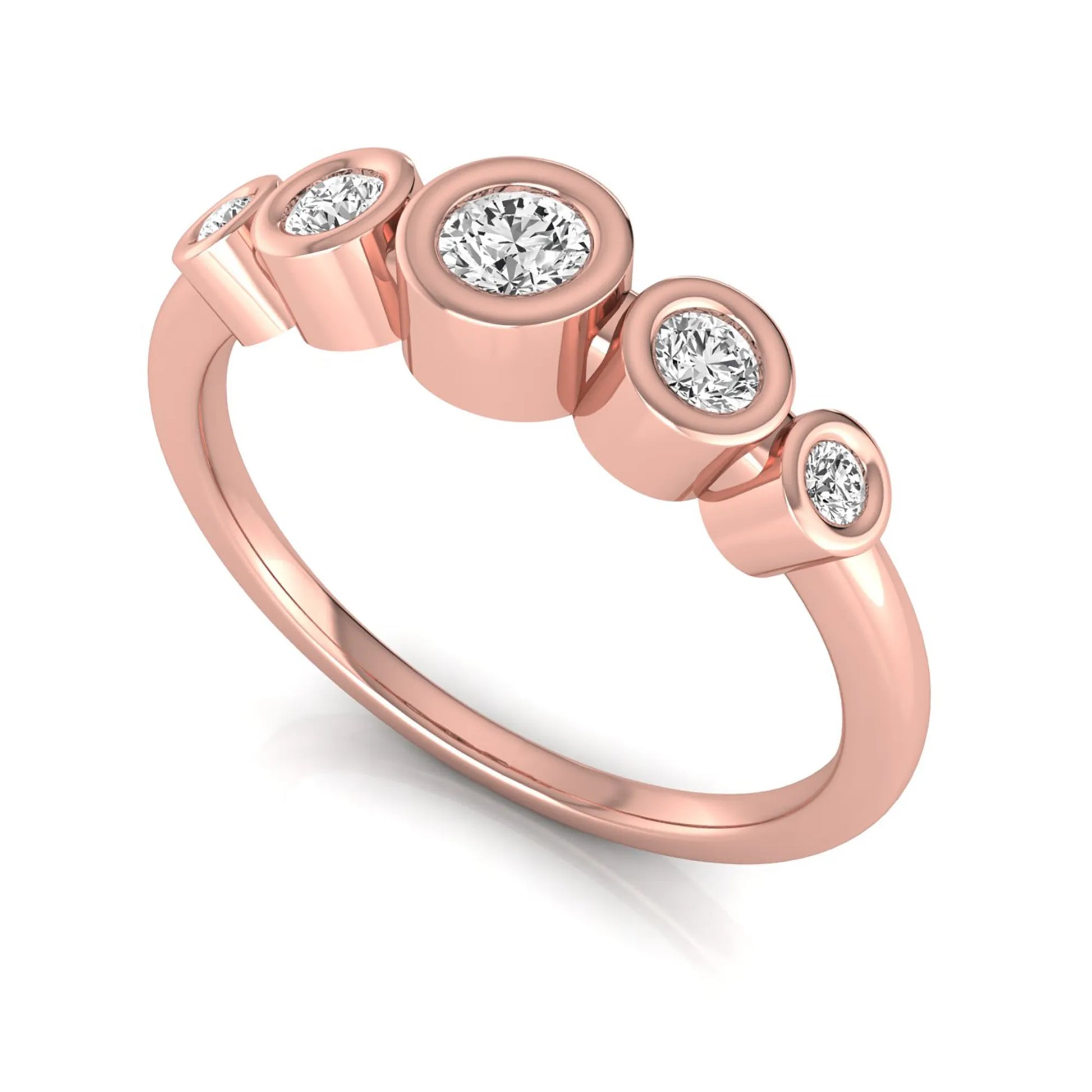 Round bezel set lab grown diamond five stone ring featuring round cut diamonds in a modern graduated design with rose gold finish.
