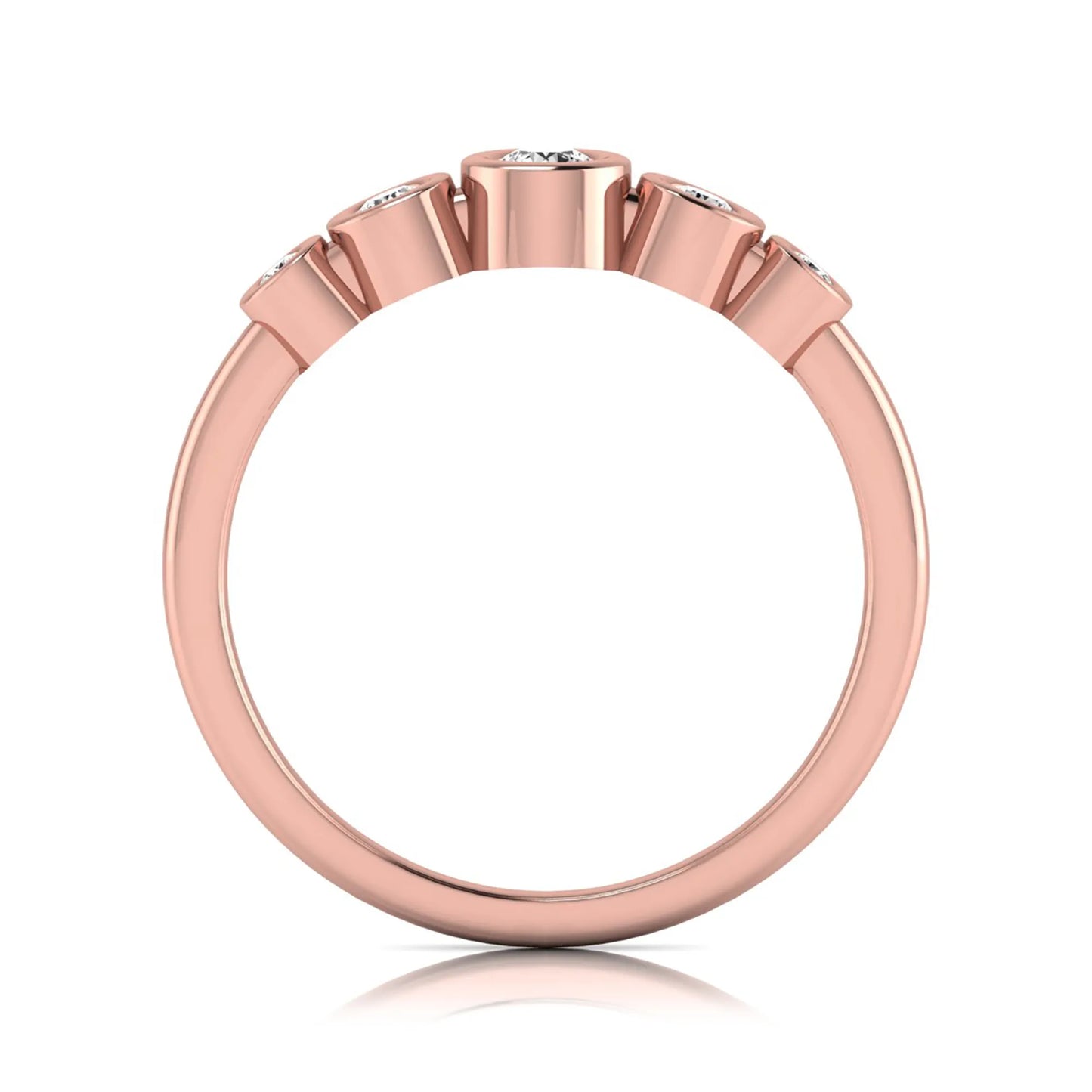 Round bezel set lab grown diamond five stone ring featuring round cut diamonds in a modern graduated design with rose gold finish.