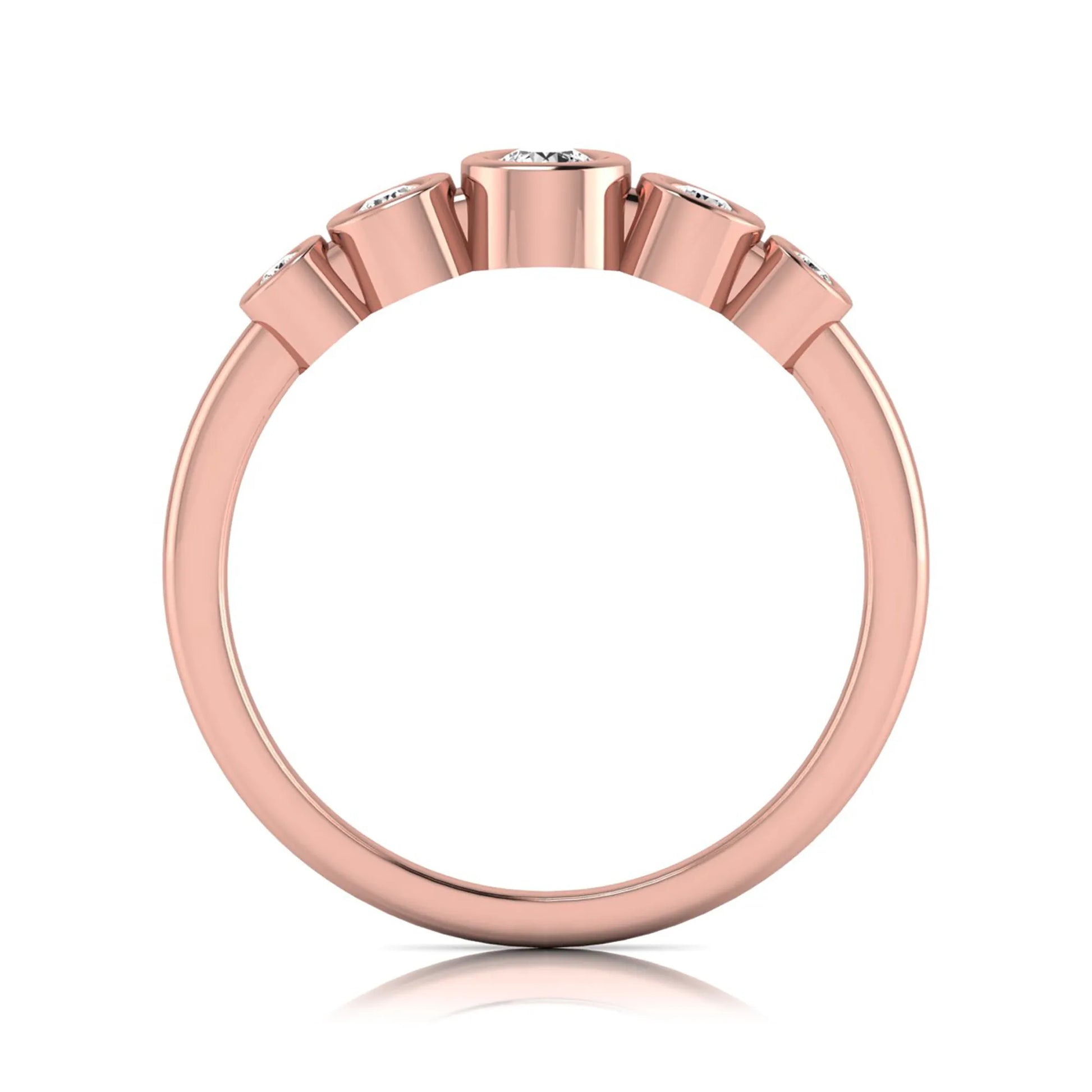 Round bezel set lab grown diamond five stone ring featuring round cut diamonds in a modern graduated design with rose gold finish.