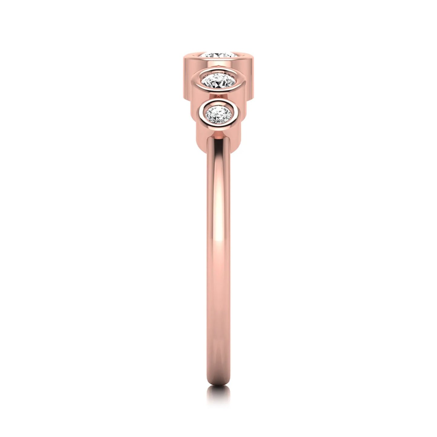Round bezel set lab grown diamond five stone ring featuring round cut diamonds in a modern graduated design with rose gold finish.