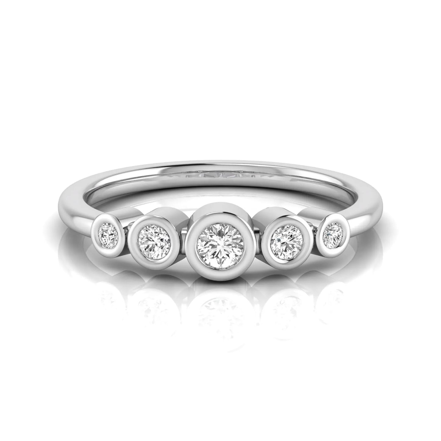 Round bezel set lab grown diamond five stone ring featuring round cut diamonds in a modern graduated design with white gold finish.