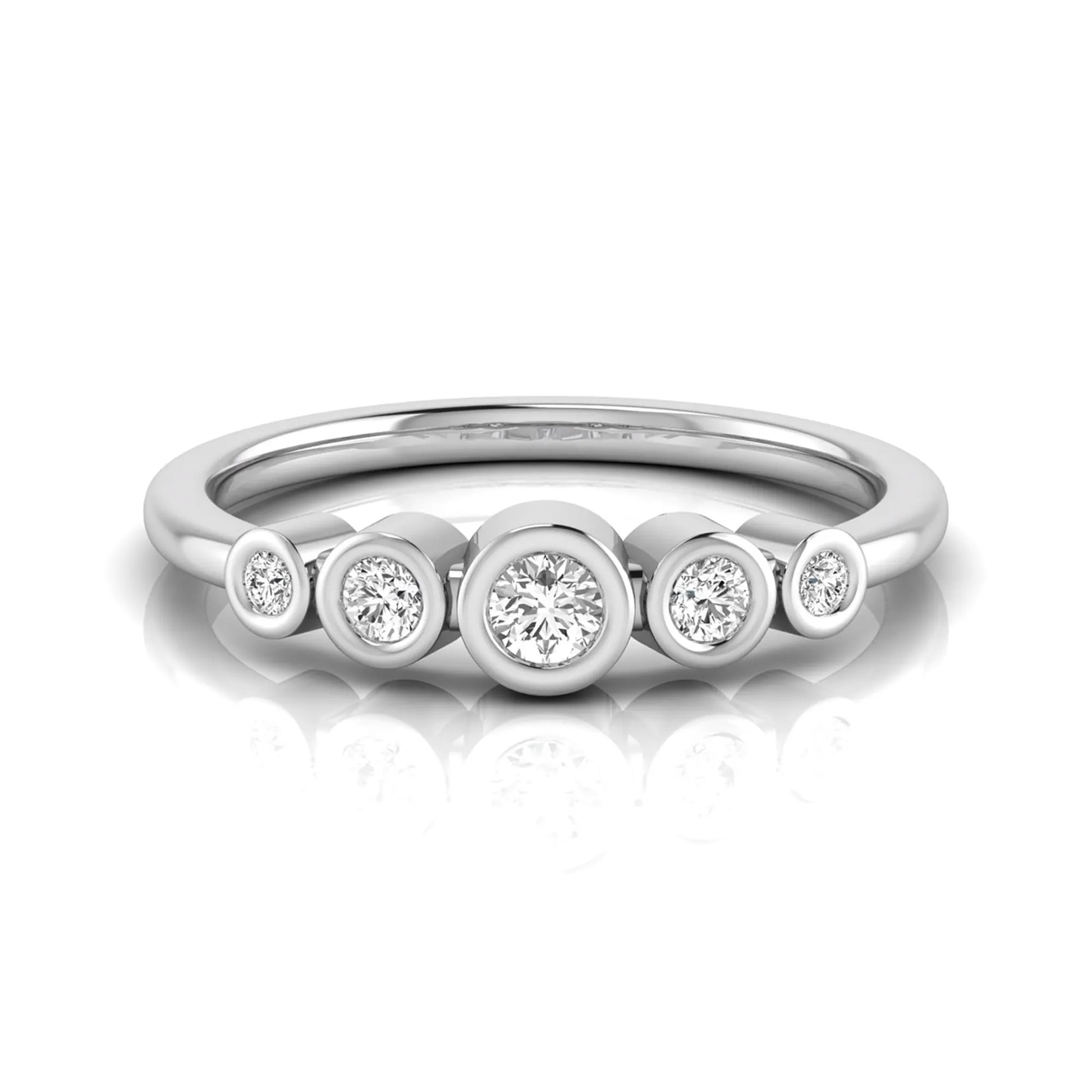 Round bezel set lab grown diamond five stone ring featuring round cut diamonds in a modern graduated design with white gold finish.