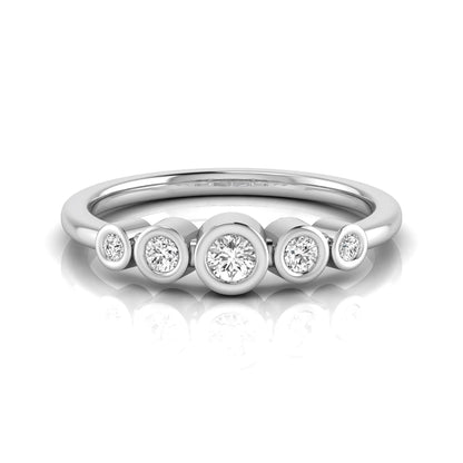 Round bezel set lab grown diamond five stone ring featuring round cut diamonds in a modern graduated design with white gold finish.