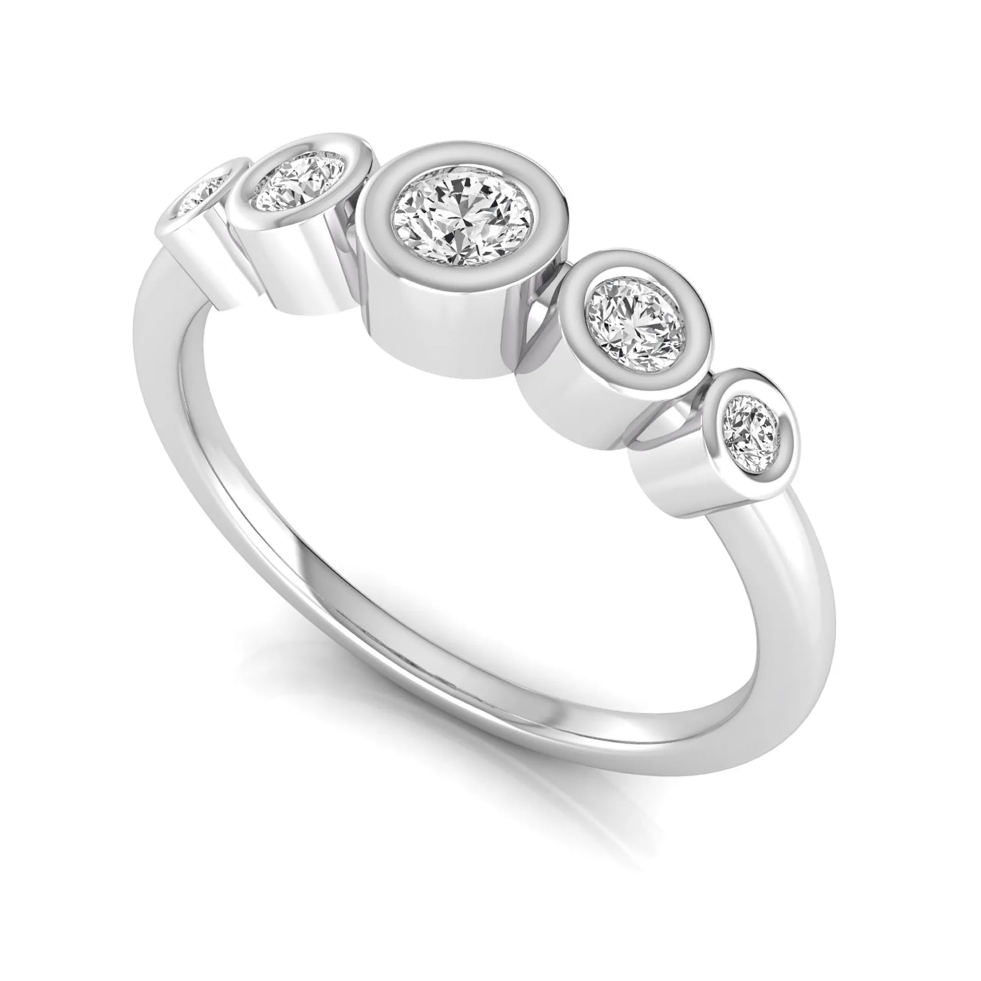 Round bezel set lab grown diamond five stone ring featuring round cut diamonds in a modern graduated design with white gold finish.
