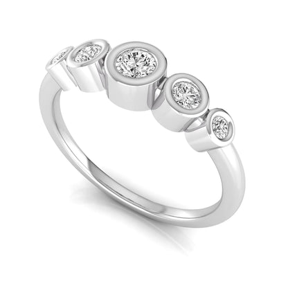 Round bezel set lab grown diamond five stone ring featuring round cut diamonds in a modern graduated design with white gold finish.