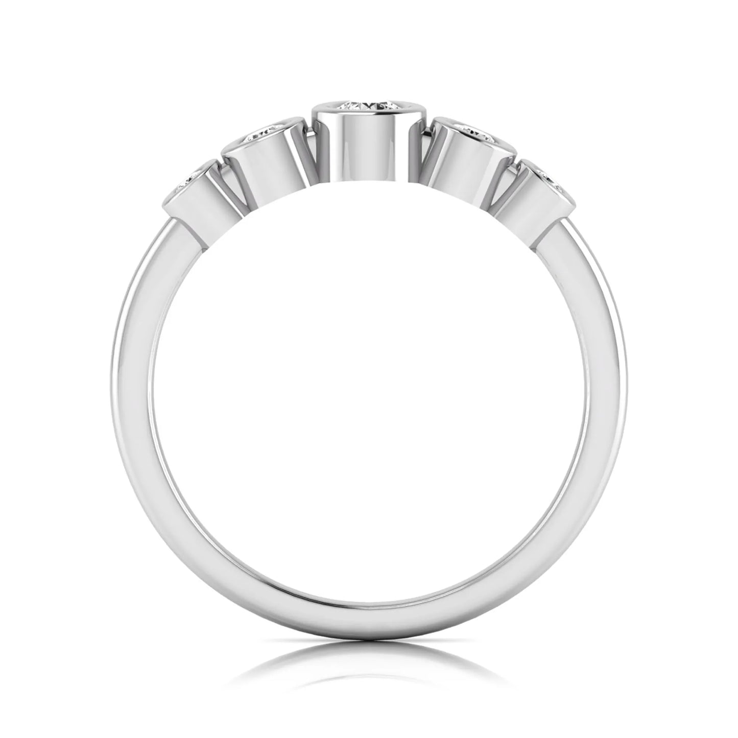 Round bezel set lab grown diamond five stone ring featuring round cut diamonds in a modern graduated design with white gold finish.