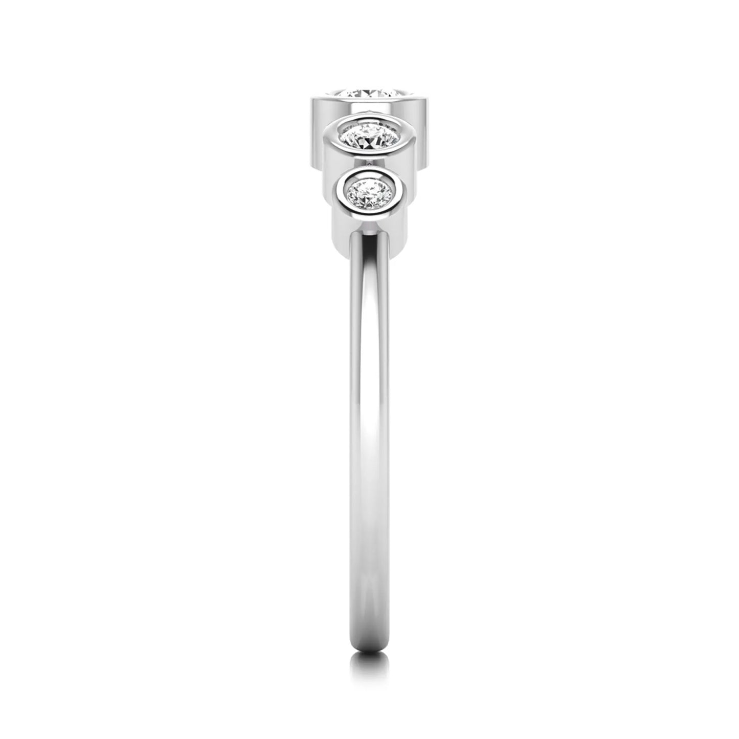 Round bezel set lab grown diamond five stone ring featuring round cut diamonds in a modern graduated design with white gold finish.