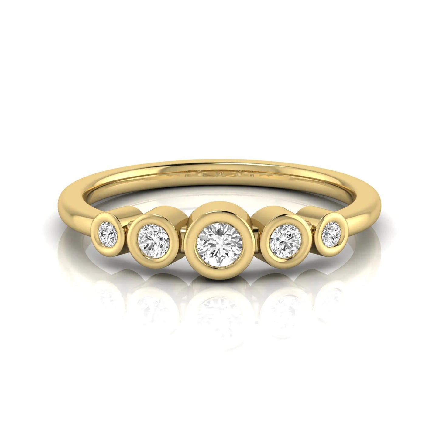 Round bezel set lab grown diamond five stone ring featuring round cut diamonds in a modern graduated design with yellow gold finish.