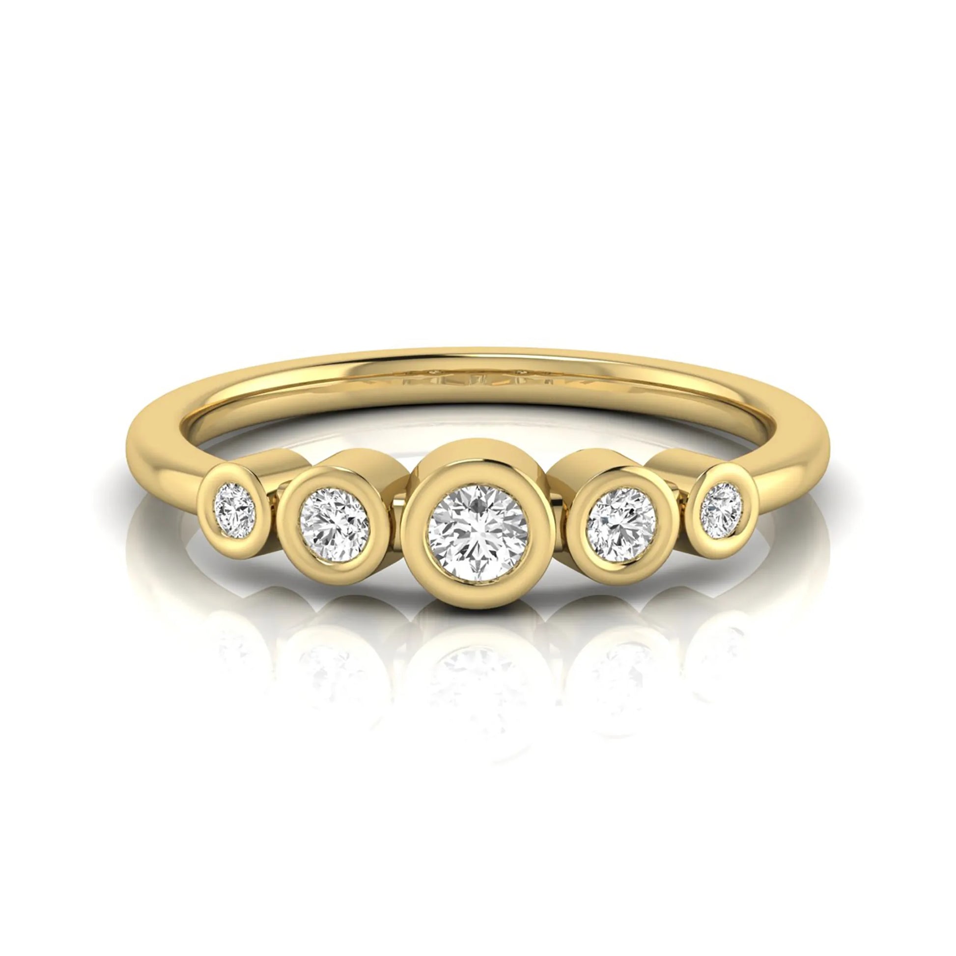 Round bezel set lab grown diamond five stone ring featuring round cut diamonds in a modern graduated design with yellow gold finish.