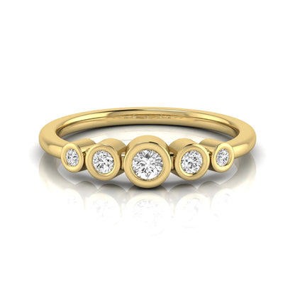 Round bezel set lab grown diamond five stone ring featuring round cut diamonds in a modern graduated design with yellow gold finish.
