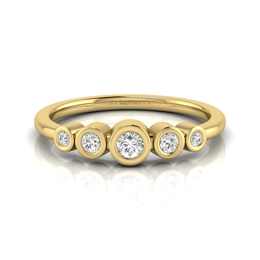 Round bezel set lab grown diamond five stone ring featuring round cut diamonds in a modern graduated design with yellow gold finish.