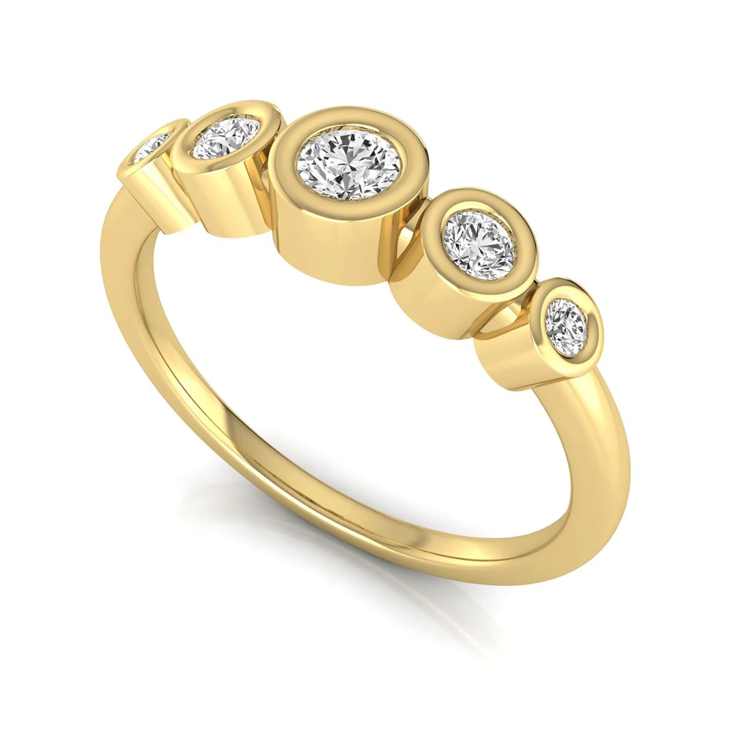 Round bezel set lab grown diamond five stone ring featuring round cut diamonds in a modern graduated design with yellow gold finish.