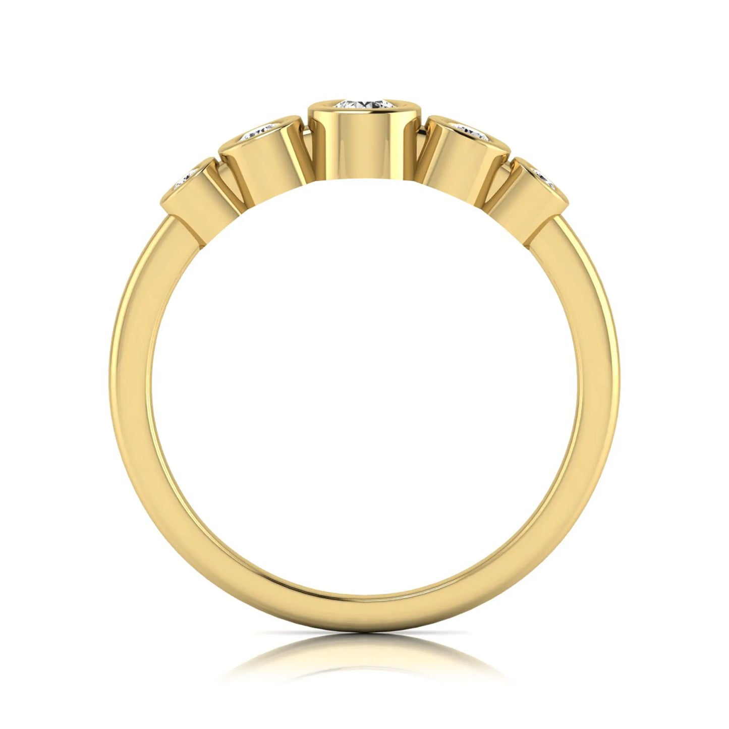 Round bezel set lab grown diamond five stone ring featuring round cut diamonds in a modern graduated design with yellow gold finish.