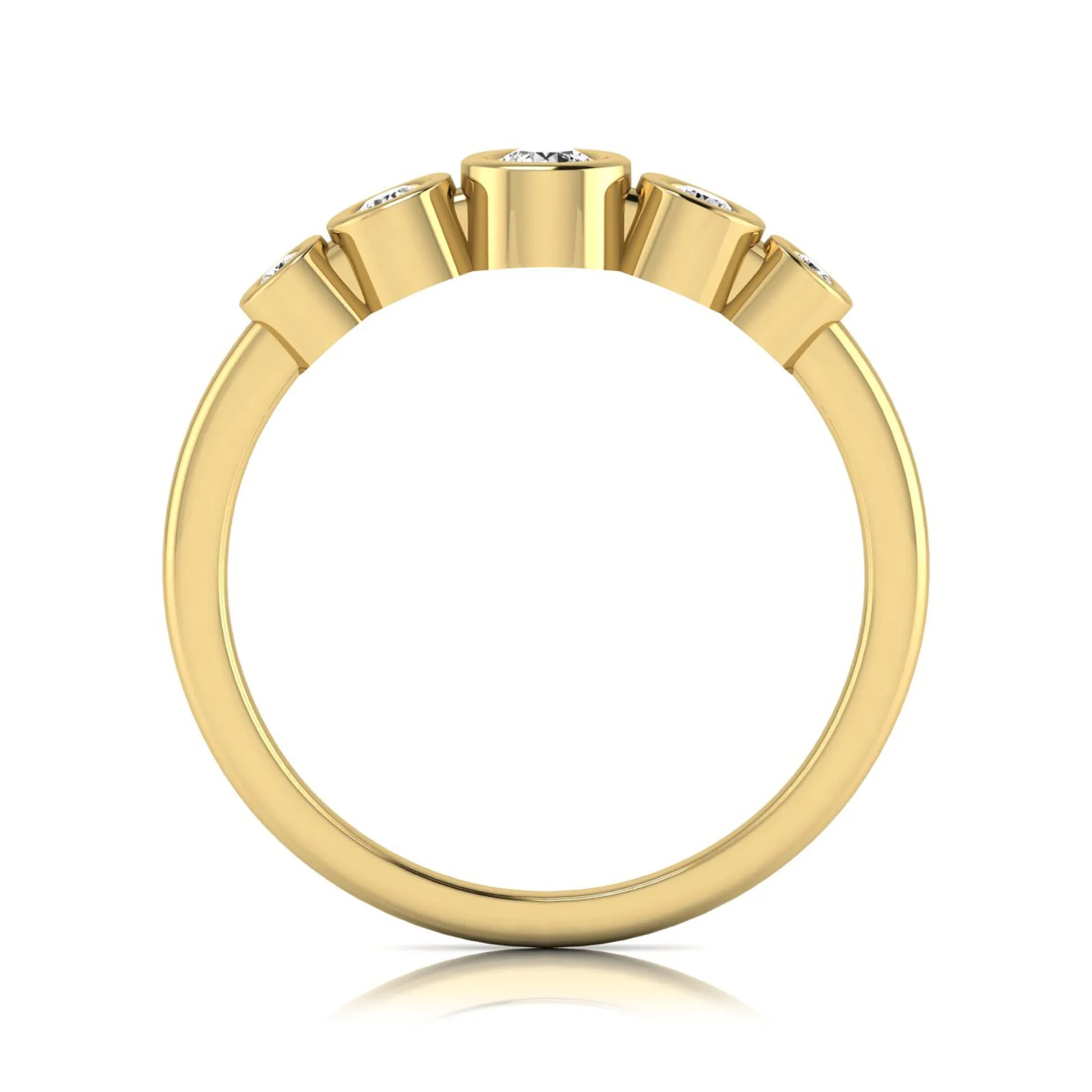 Round bezel set lab grown diamond five stone ring featuring round cut diamonds in a modern graduated design with yellow gold finish.