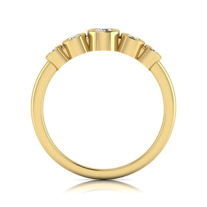 Round bezel set lab grown diamond five stone ring featuring round cut diamonds in a modern graduated design with yellow gold finish.
