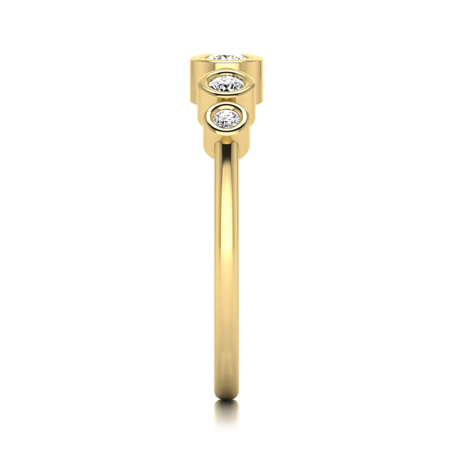 Round bezel set lab grown diamond five stone ring featuring round cut diamonds in a modern graduated design with yellow gold finish.
