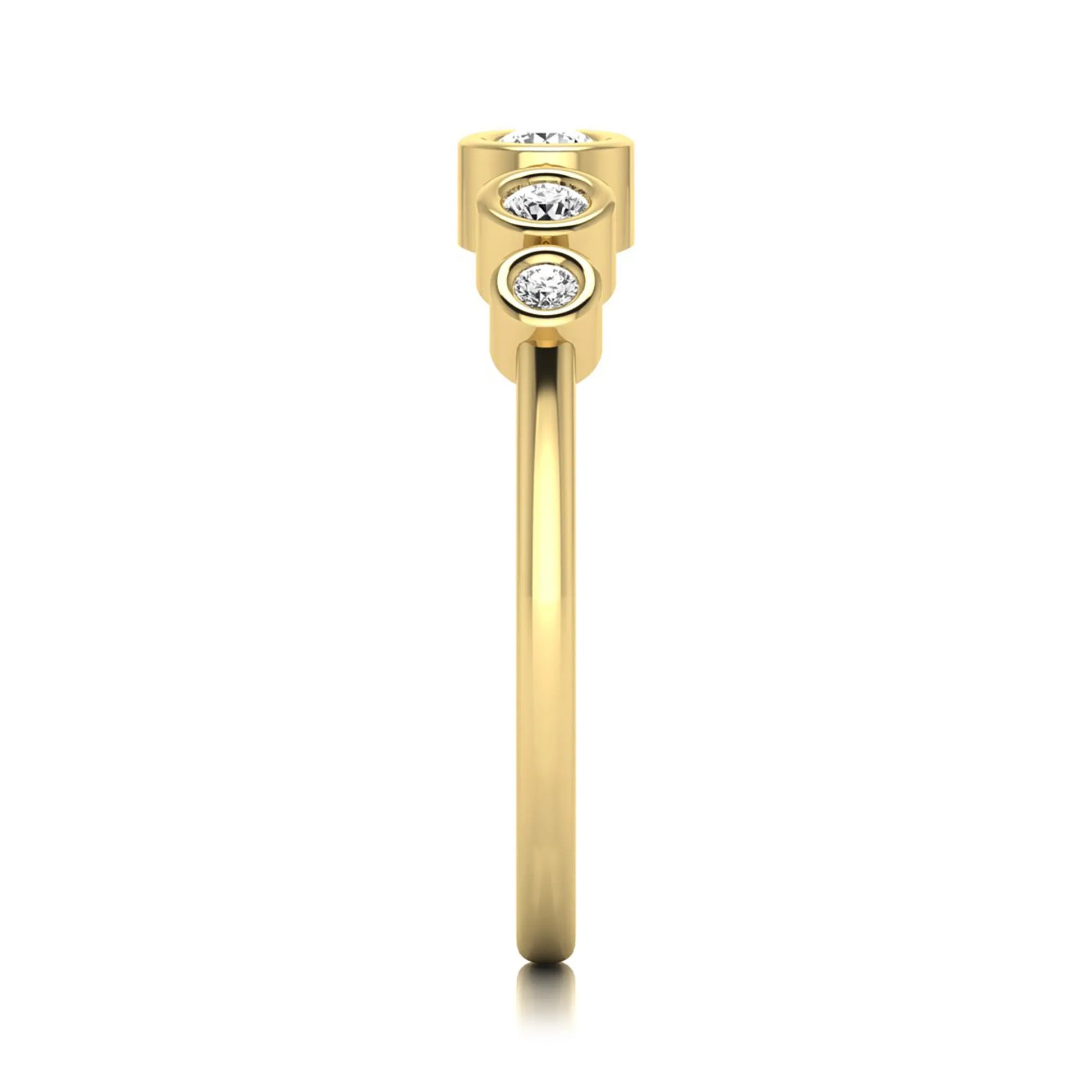 Round bezel set lab grown diamond five stone ring featuring round cut diamonds in a modern graduated design with yellow gold finish.