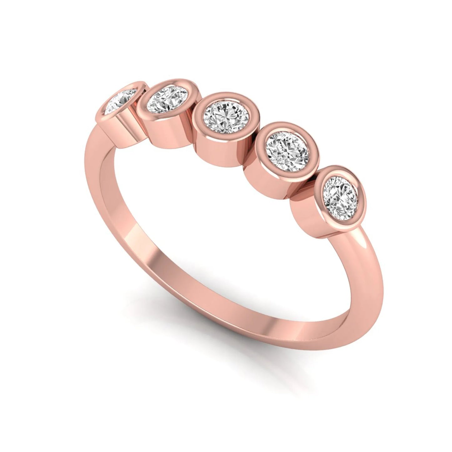 Round bezel set lab grown diamond five stone ring with rose gold tone design