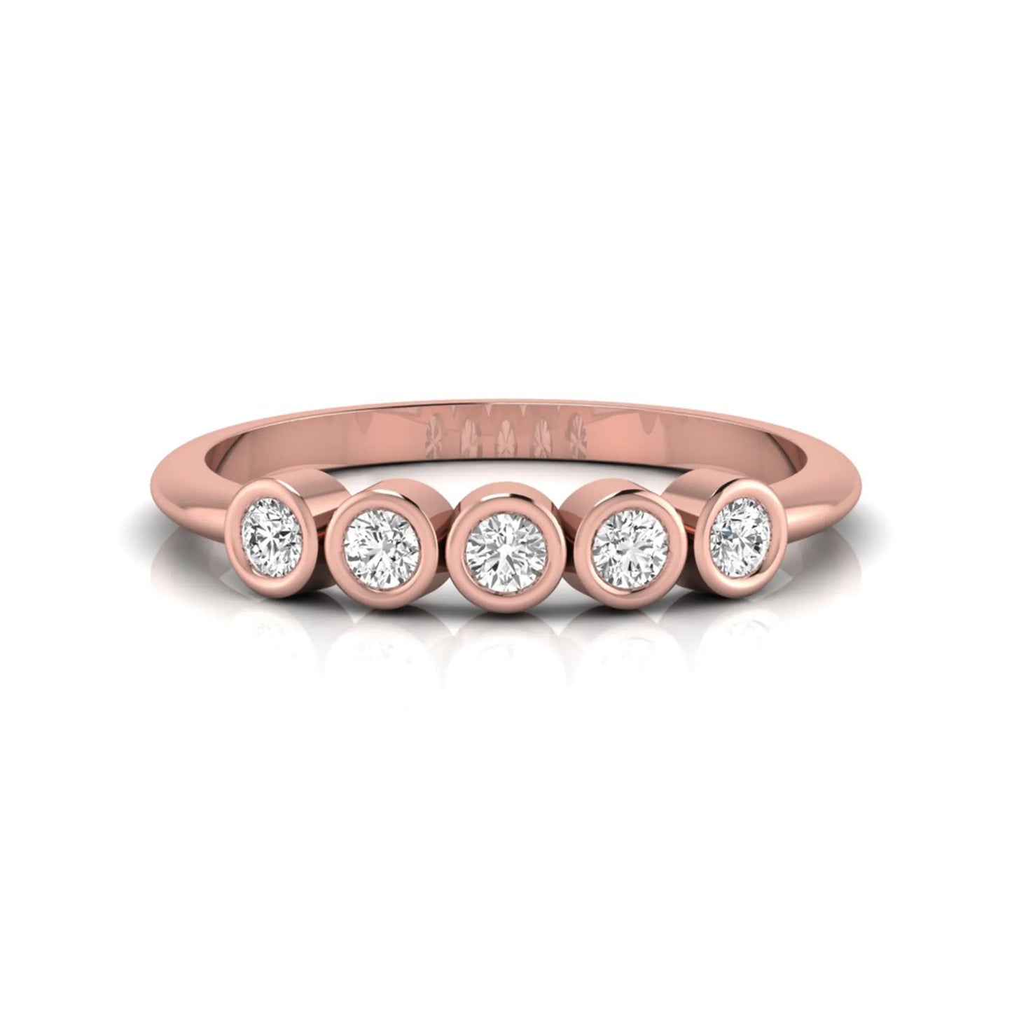 Round bezel set lab grown diamond five stone ring with rose gold tone design