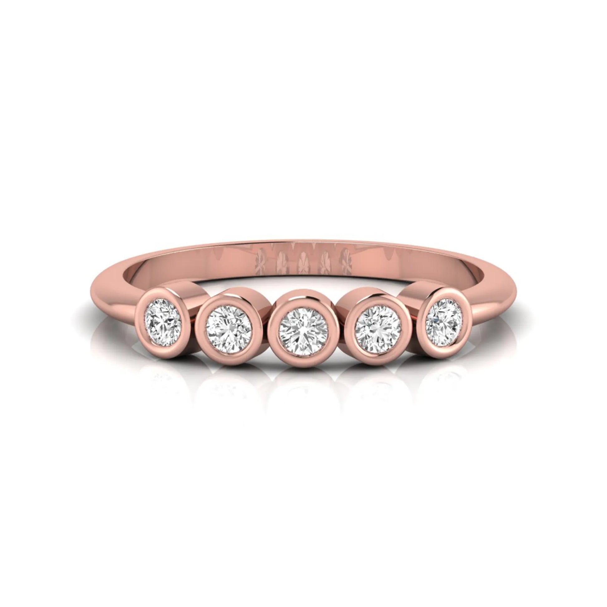 Round bezel set lab grown diamond five stone ring with rose gold tone design
