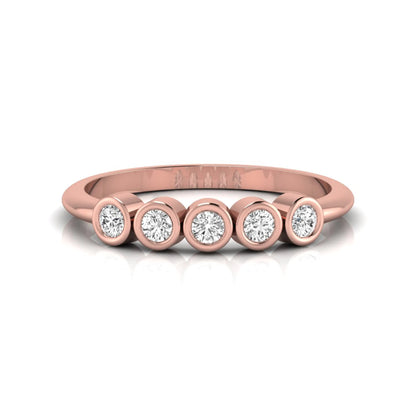 Round bezel set lab grown diamond five stone ring with rose gold tone design
