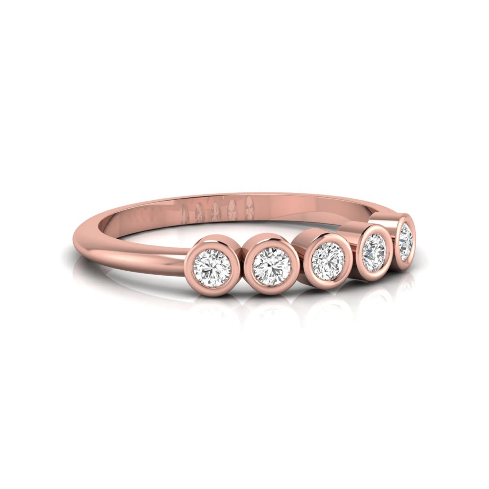 Round bezel set lab grown diamond five stone ring with rose gold tone design