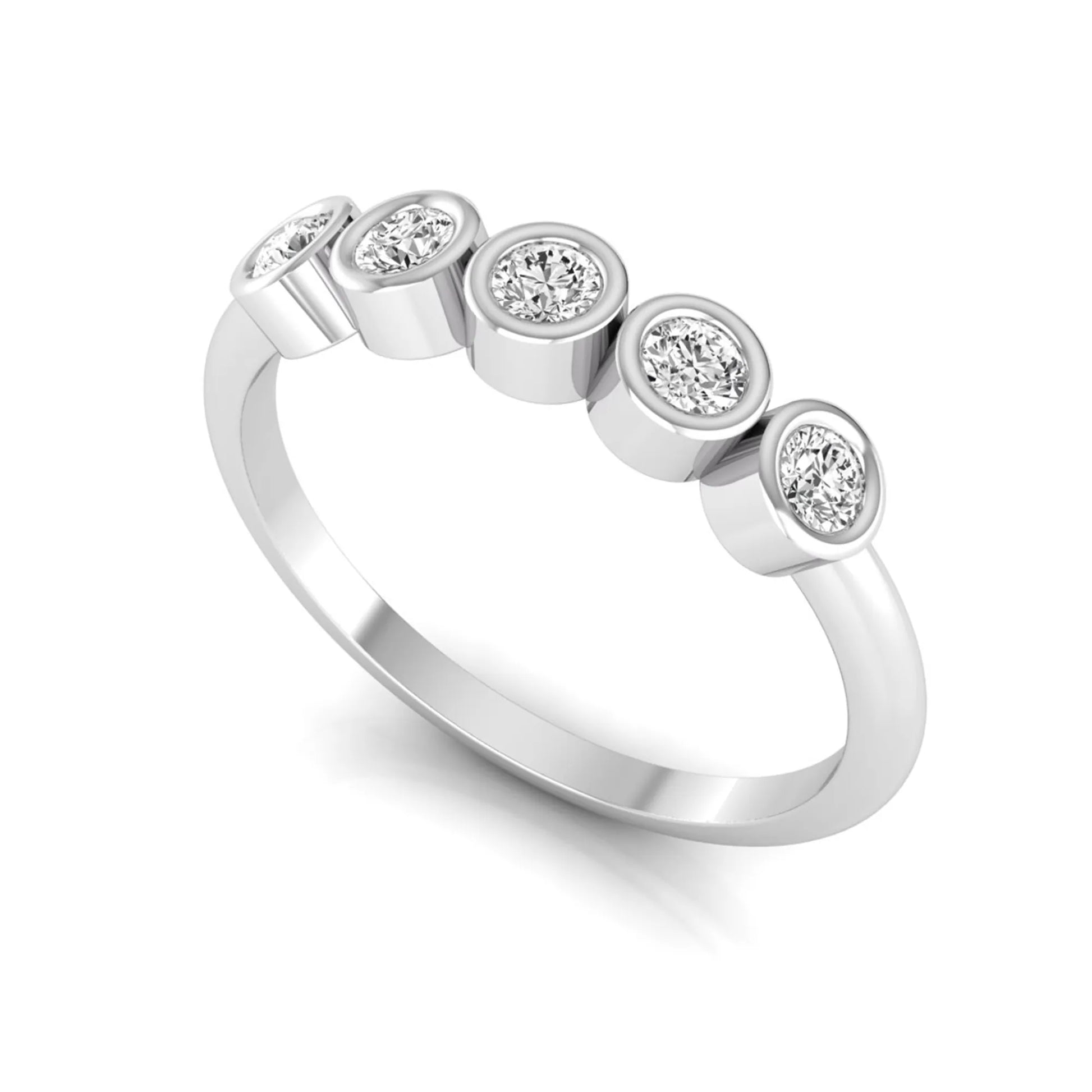 Round bezel set lab grown diamond five stone ring with white gold tone design