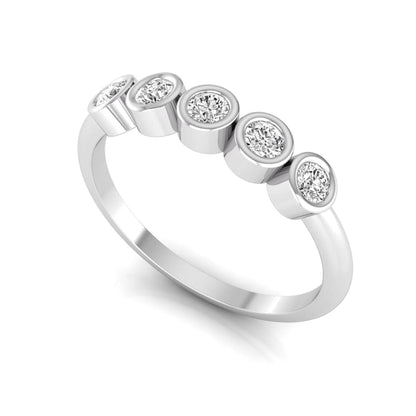Round bezel set lab grown diamond five stone ring with white gold tone design