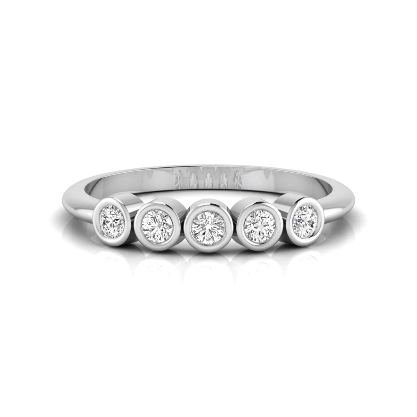 Round bezel set lab grown diamond five stone ring with white gold tone design