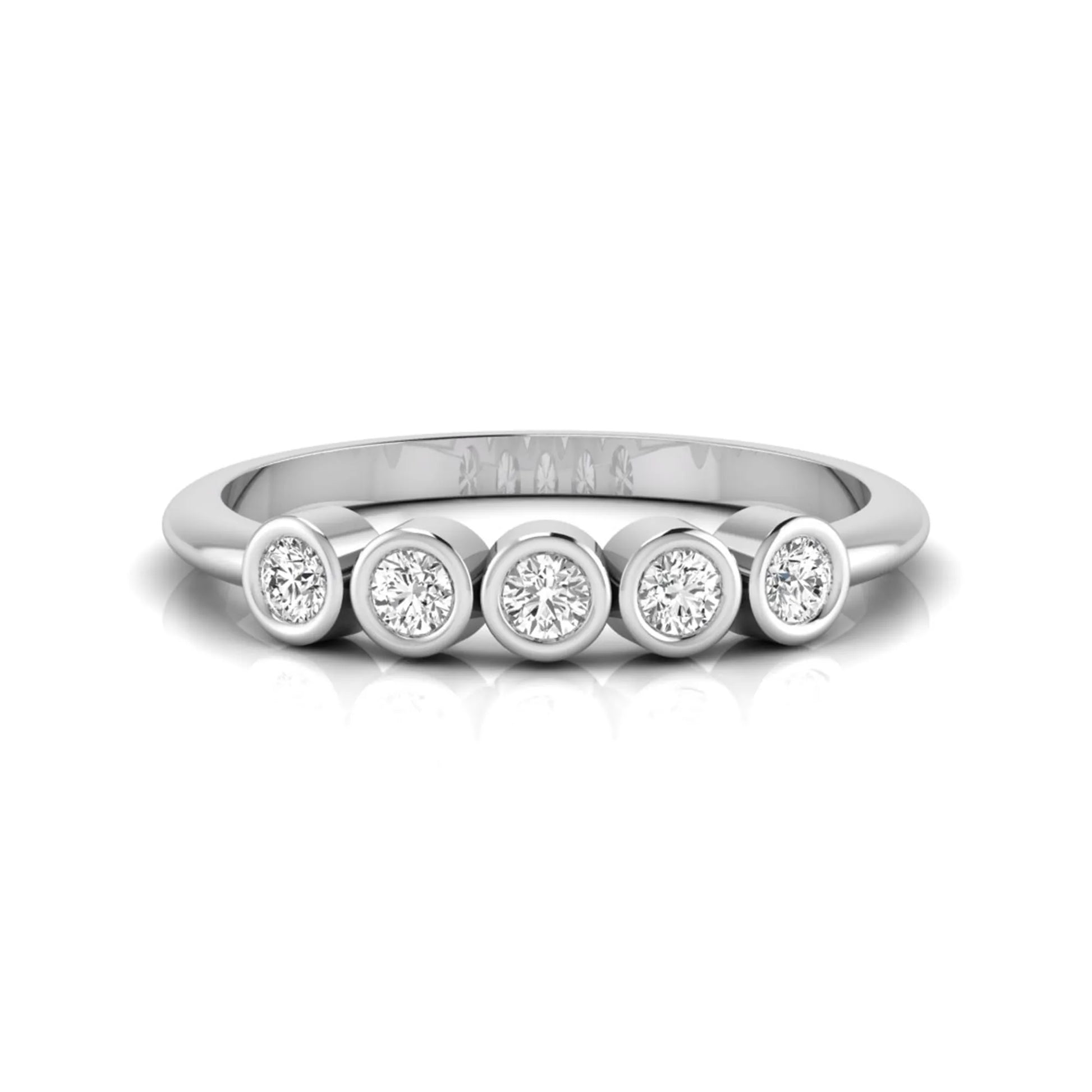 Round bezel set lab grown diamond five stone ring with white gold tone design