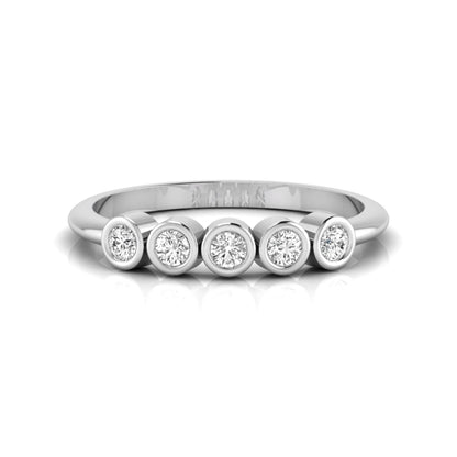 Round bezel set lab grown diamond five stone ring with white gold tone design