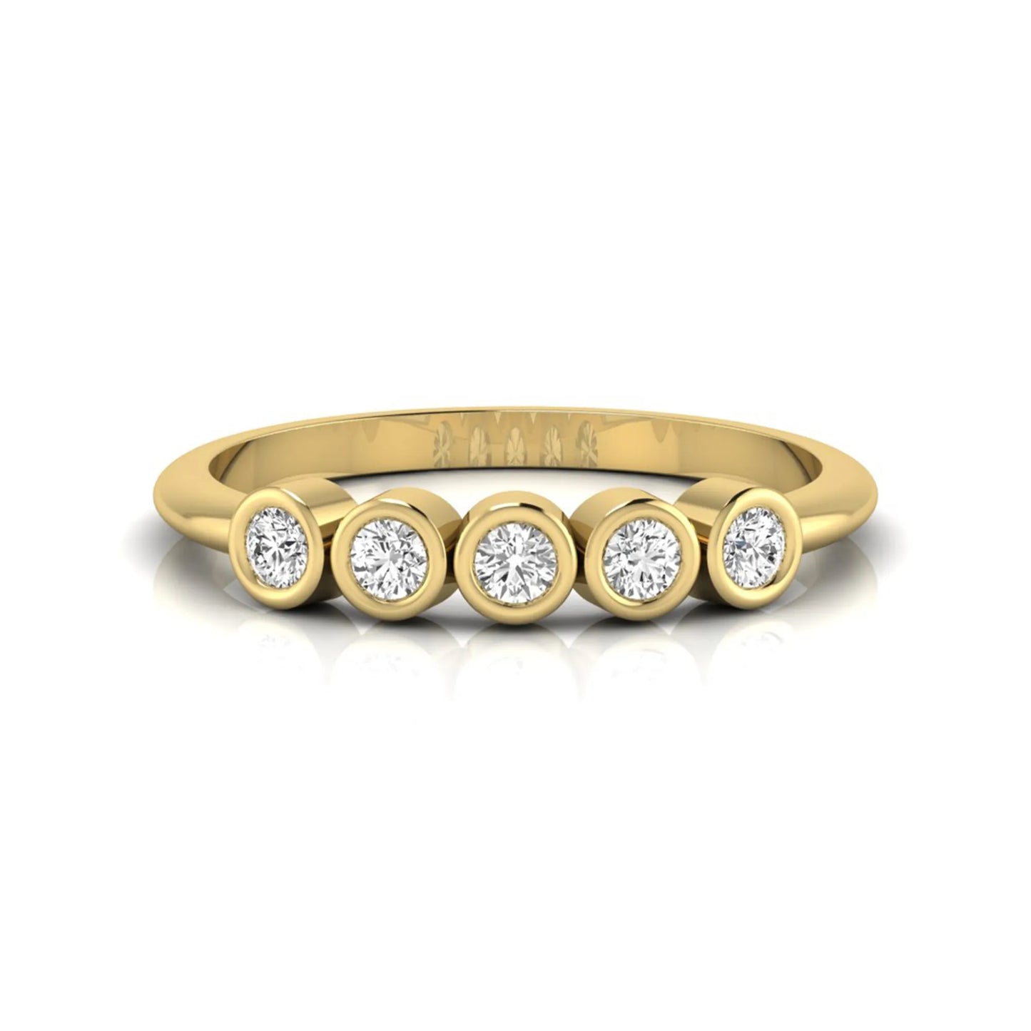 Round bezel set lab grown diamond five stone ring with yellow gold tone design