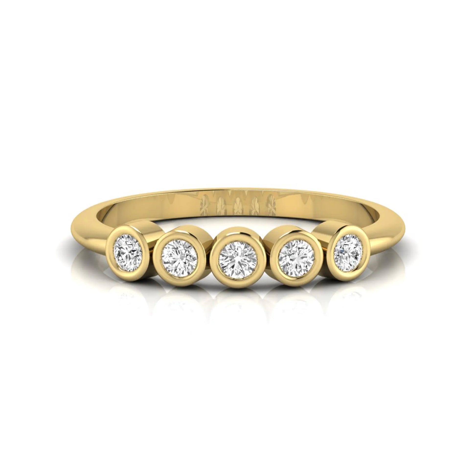 Round bezel set lab grown diamond five stone ring with yellow gold tone design