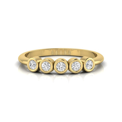 Round bezel set lab grown diamond five stone ring with yellow gold tone design
