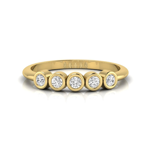 Round bezel set lab grown diamond five stone ring with yellow gold tone design