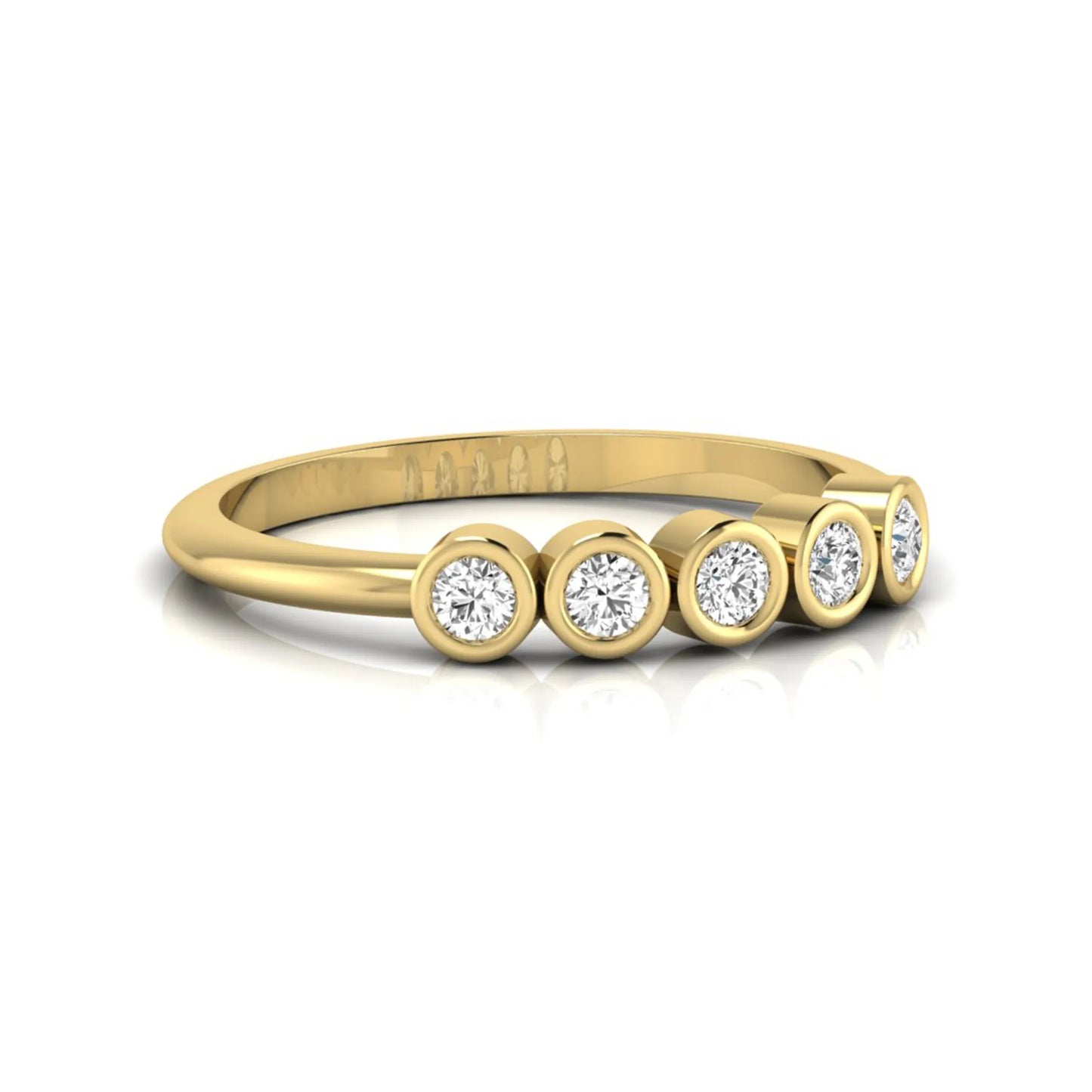 Round bezel set lab grown diamond five stone ring with yellow gold tone design