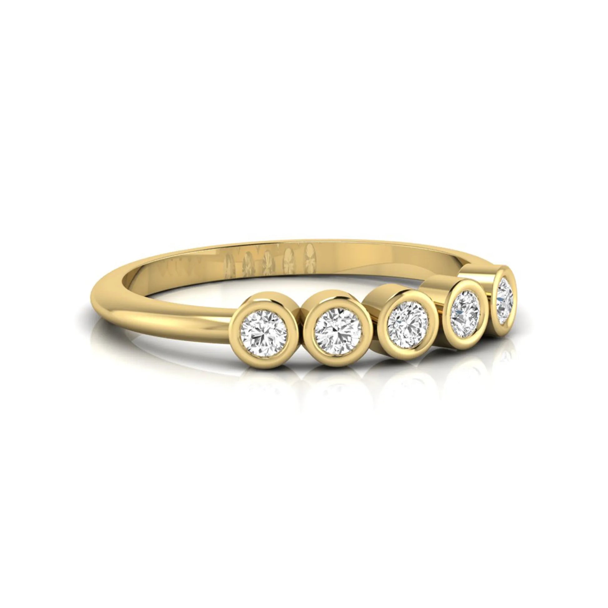 Round bezel set lab grown diamond five stone ring with yellow gold tone design