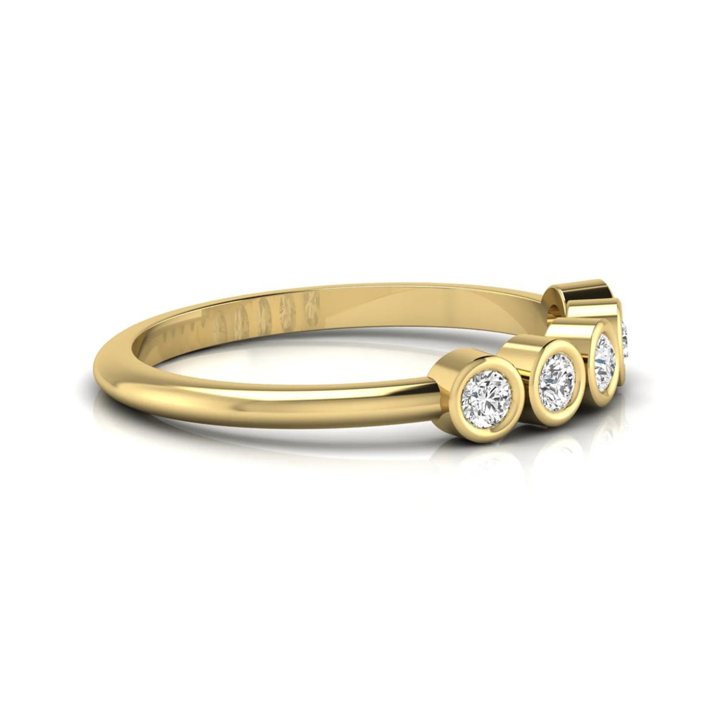 Round bezel set lab grown diamond five stone ring with yellow gold tone design