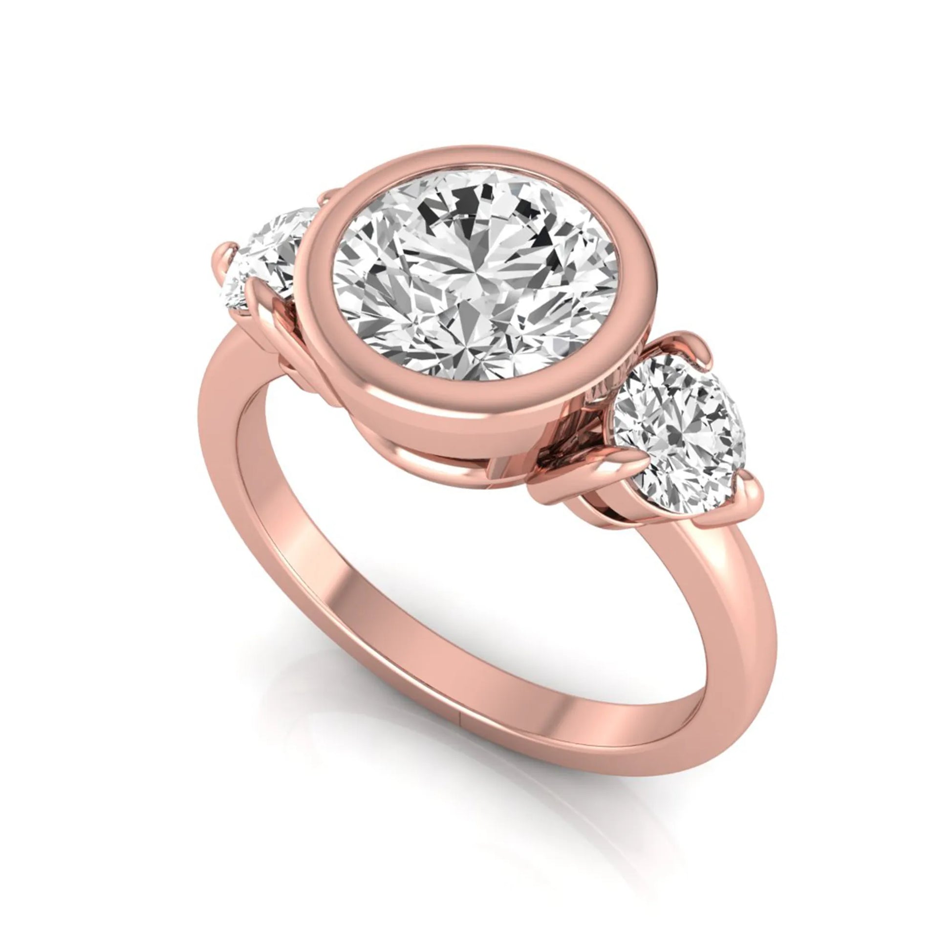 Round cut lab grown diamond three stone engagement ring with a bezel set center diamond and round side diamonds in rose gold