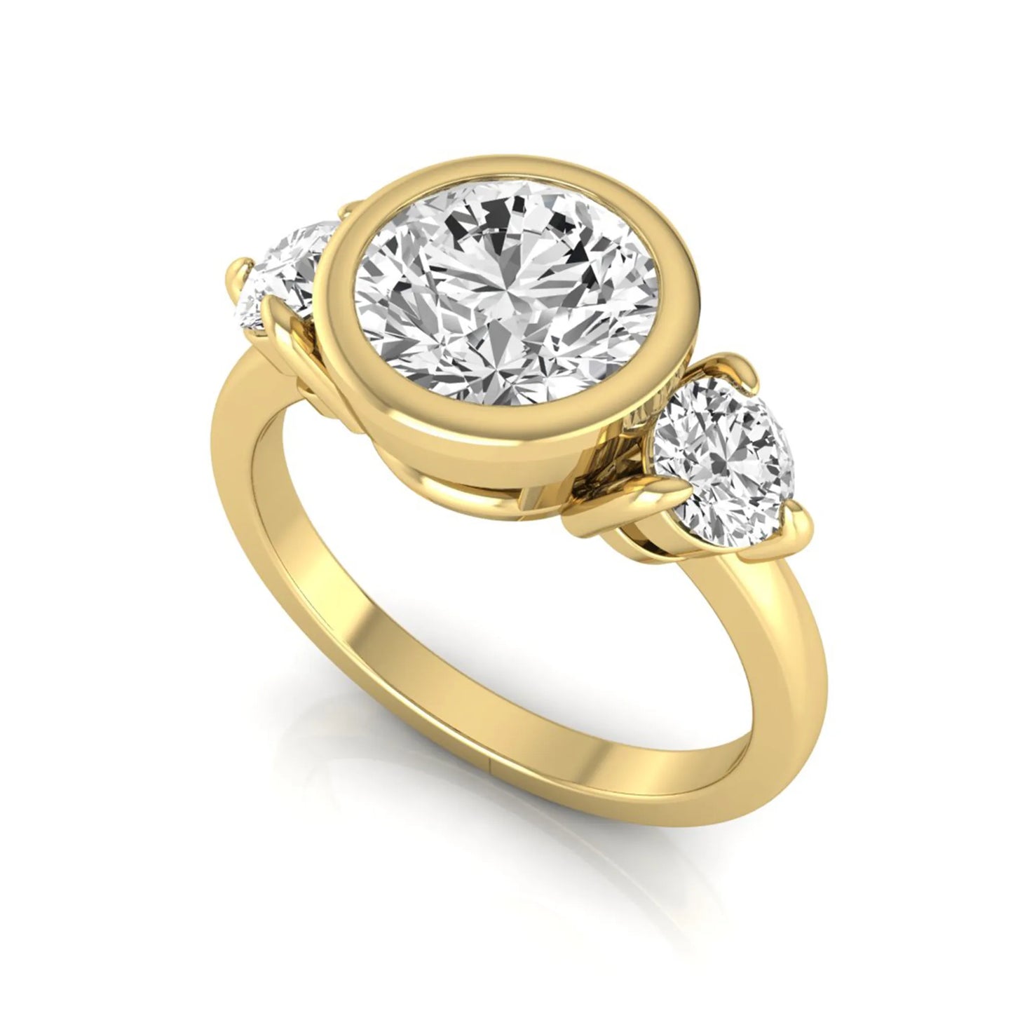 Round cut lab grown diamond three stone engagement ring with a bezel set center diamond and round side diamonds in yellow gold