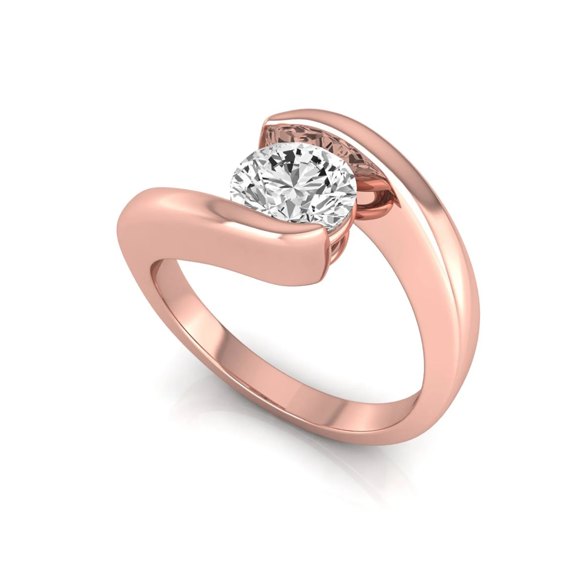 Round cut lab grown diamond solitaire engagement ring featuring a modern bypass rose gold band with an IGI certified center diamond.
