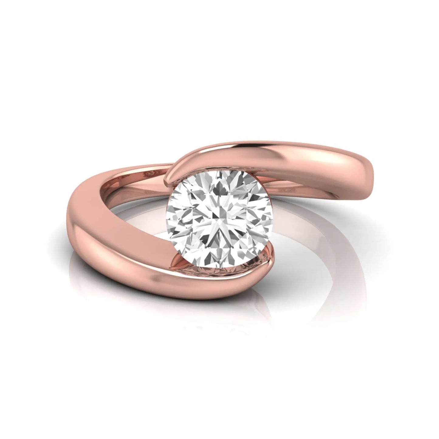 Round cut lab grown diamond solitaire engagement ring featuring a modern bypass rose gold band with an IGI certified center diamond.